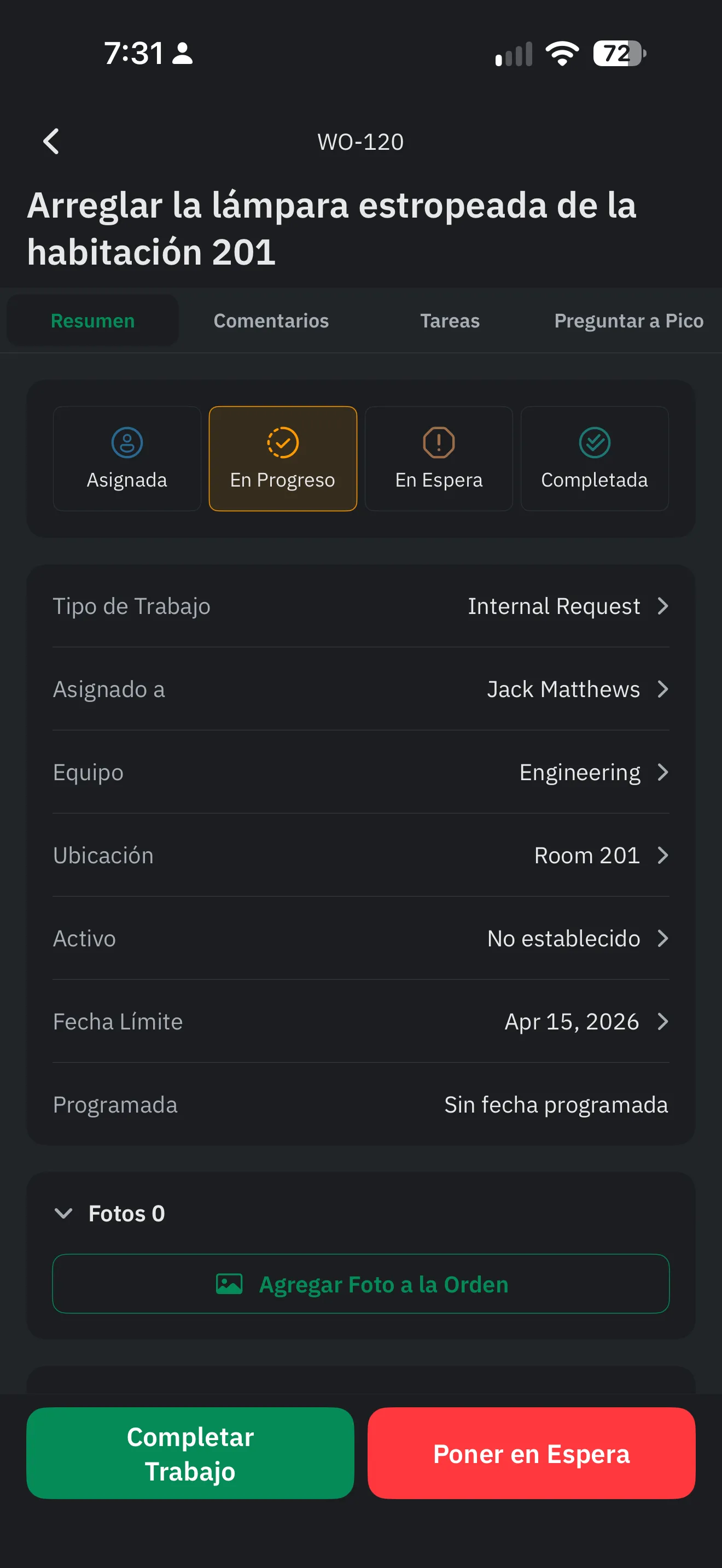 The same Pico work order shown in Spanish
